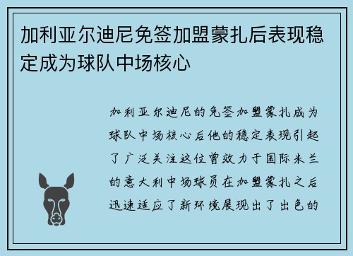 加利亚尔迪尼免签加盟蒙扎后表现稳定成为球队中场核心 加利亚尔迪尼免签加盟蒙扎后表现稳定成为球队中场核心